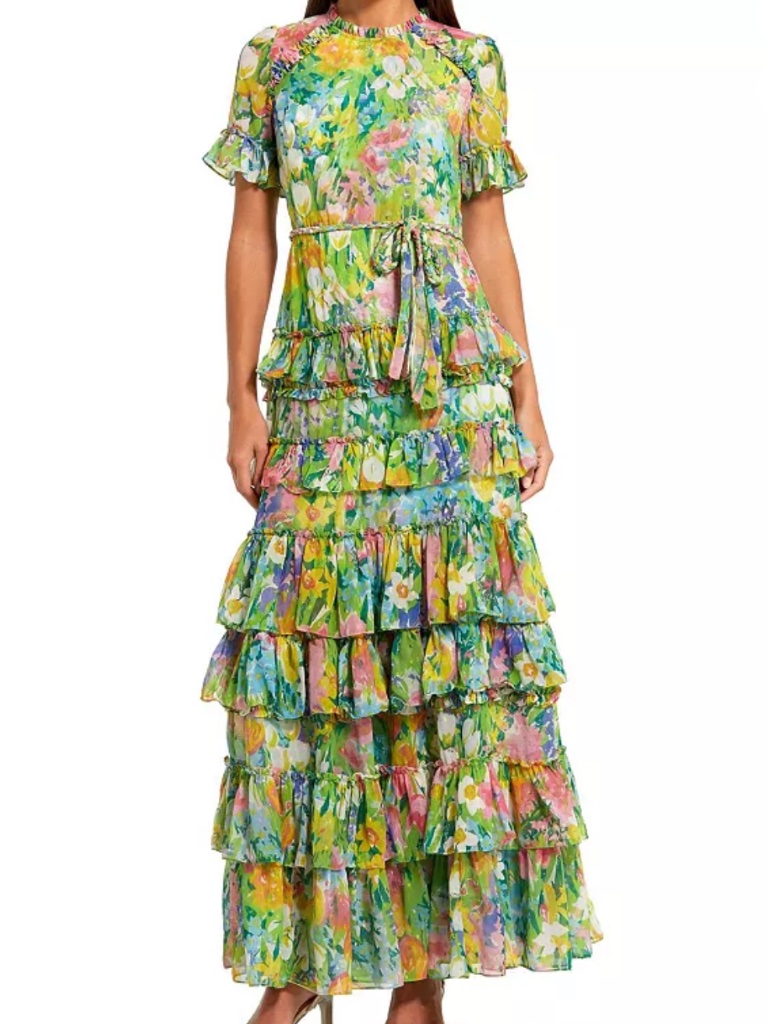 Nwt Green Ruffle Tiered Chiffon Floral Dress | Mac Duggal